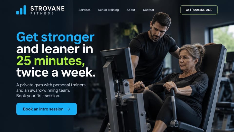 Personal trainer website design, short twice-weekly sessions in a machine-based private gym: dark navy page, a large blue, white and lime headline, a blue intro session button, a trainer guiding an older woman on a strength machine