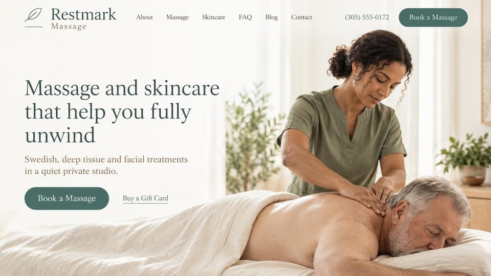 Massage therapist website design, massage and skincare in soft sage and white: white page, a sage serif headline and button, a brown subhead and a bright photo of a therapist massaging an older man's shoulders