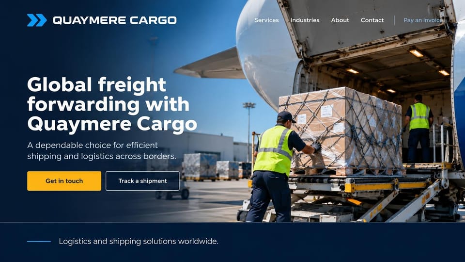 Logistics website design, air freight forwarding at the nose door: navy page, a daytime photo of a crew pushing a netted pallet into a freighter's open nose, white headline, yellow and outlined buttons