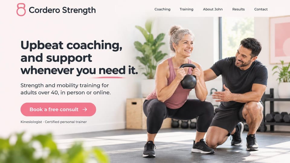 Personal trainer website design, upbeat coaching for over 40s in soft pink: white and blush page, a dark headline with a pink underline, a pink consult button, an older woman doing a kettlebell squat while her trainer kneels beside her