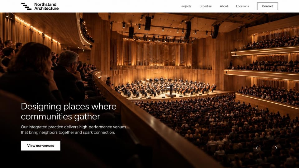Architecture website design, concert halls and venues from the audience: a warm timber concert hall full of audience and orchestra seen from a balcony, a white headline and button at lower left