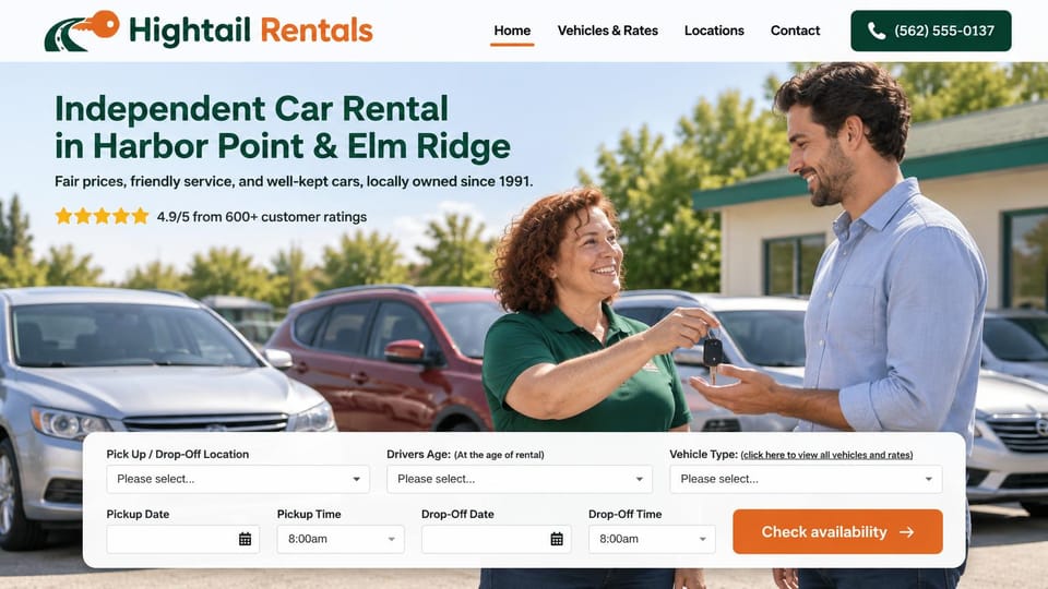 Car rental website design, local car rental with a key handoff and booking form: white header with a green and orange logo, a dark green headline over a sunny lot where a staff member hands keys to a customer, a white booking form with an orange button