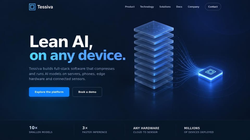 AI startup website design, aI model compression with a glowing layer stack: deep navy page, heavy white headline with a cyan-to-blue gradient second line, a blue explore button beside an outlined demo button, a stack of glass layers streaming light into a small glowing chip, and a stats strip along the bottom