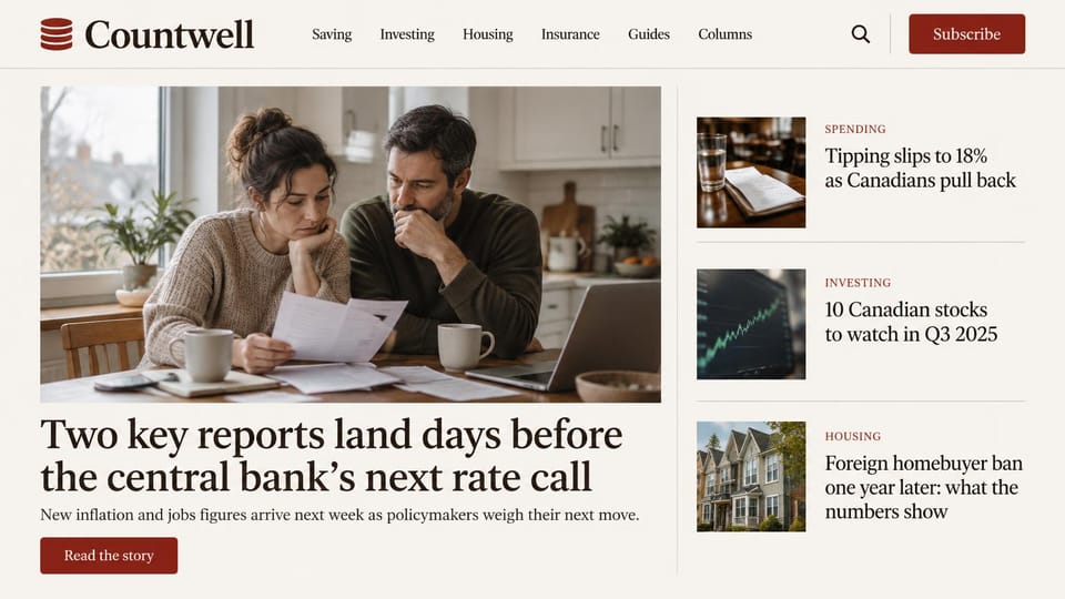 News and magazine website design, personal finance news with tagged stories: cream page, coin stack logo, brown serif type, a deep red subscribe button, a couple reviewing bills at a kitchen table, three tagged stories with thumbnails