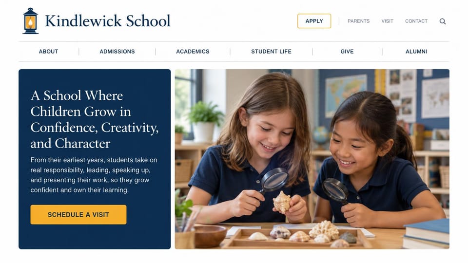 School website design, elementary school with a rounded navy panel: white header with two rows of links, a rounded navy panel with a serif headline, two girls with magnifying glasses and shells, a yellow button
