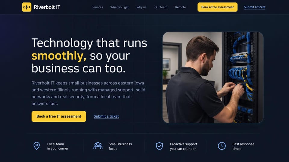 IT company website design, managed IT with a support ticket link: dark navy page, white headline with a yellow word, yellow assessment button, a technician cabling a server rack, a row of four benefit icons