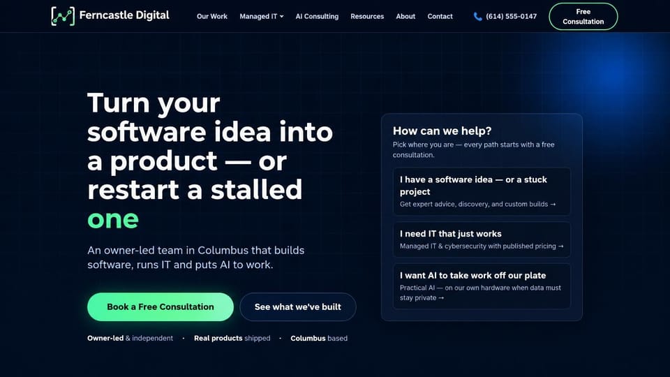 IT company website design, software and IT with a pick-your-need panel: dark navy page with a faint grid and blue glow, white headline ending in a green word, green consultation button, a panel of three choice cards