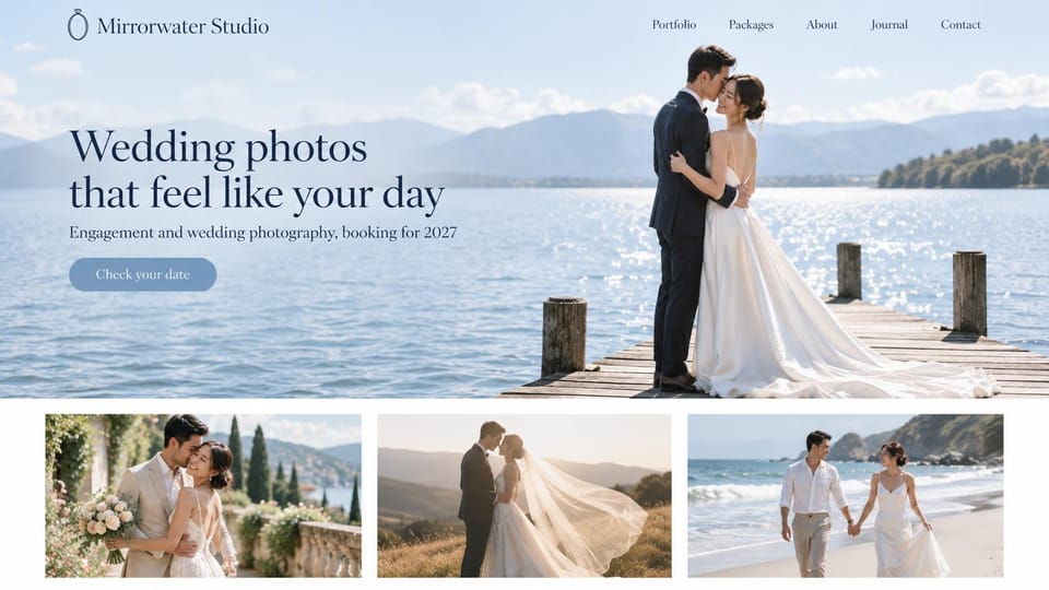 Wedding photographer website design, engagement and wedding photographer by a bright lake: bright blue lake and mountains with a couple embracing on a dock, a navy serif headline, a pale blue pill button and three couple photos below