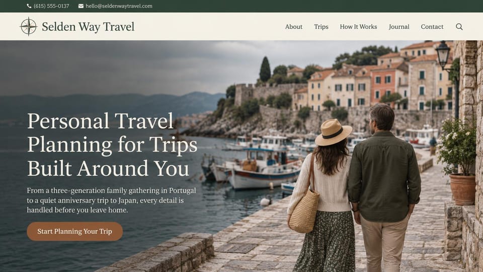 Business website design, personal trip planner with a couple on the waterfront: dark green top bar with phone and email, cream menu bar, harbor town photo with a couple walking along a stone quay, large white serif headline at the left and a rust planning button