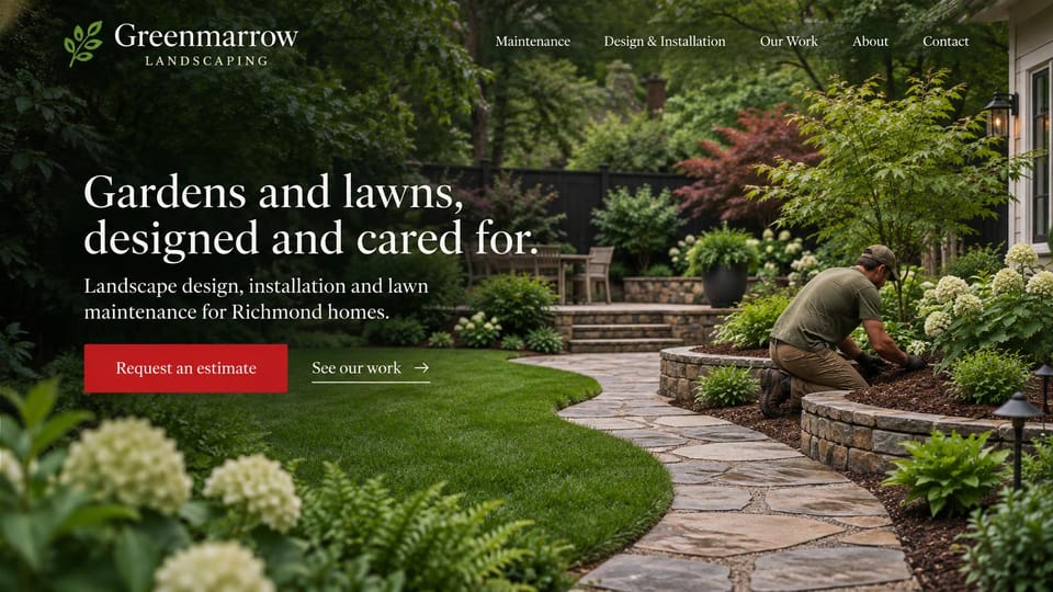 Landscaping website design, design and lawn care across a full-bleed garden: full-width photo of a shaded backyard with a curving stone path and a landscaper planting, a white serif headline and a red estimate button