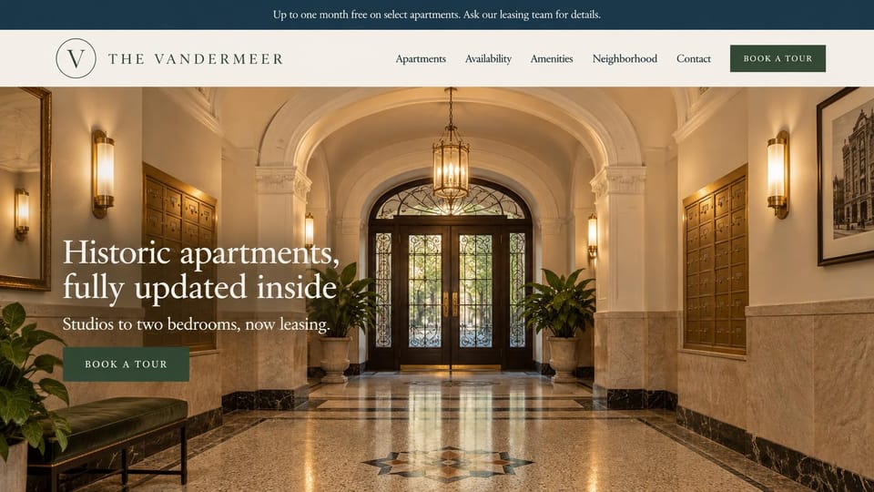 Apartment website design, historic apartments with a restored lobby: navy offer bar, cream header with a circled monogram, a restored lobby with marble floors, brass lamps and iron-framed doors, white serif headline and green tour button