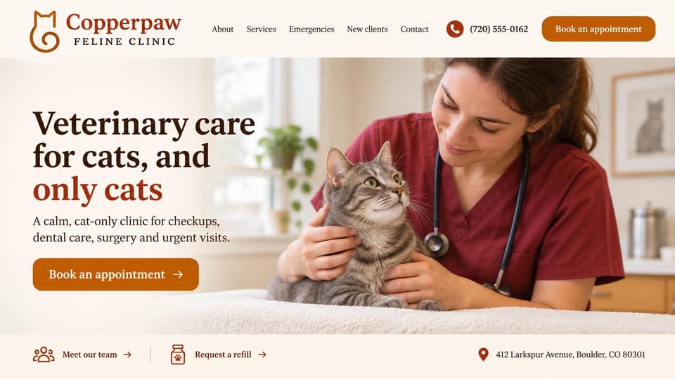 Veterinary website design, cats-only clinic with quick links for refills: warm cream page, dark serif headline with a rust last line, a vet in red scrubs holding a gray tabby, rust book button, a light strip of links below