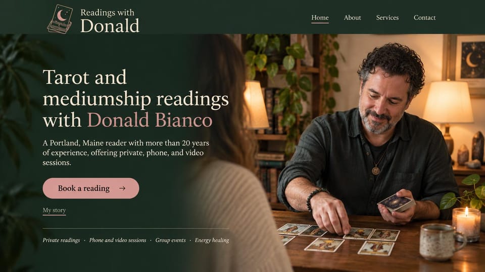 Astrology website design, tarot and mediumship, seen over the client's shoulder: dark forest green, a reader dealing tarot cards to a client seen from behind, a cream and pink serif headline