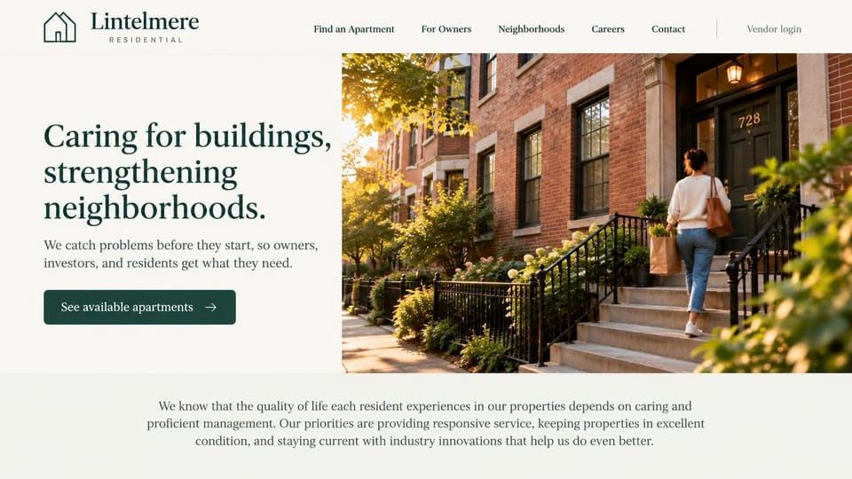 Property management website design, neighborhood apartment management with a split hero: cream page, a green outline house logo, a large dark green serif headline on the left, a deep green apartments button and a sunlit photo of a woman with groceries climbing stoop steps to a brick building