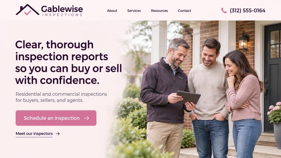 Home inspector website design, residential and commercial inspections in blush and plum: blush pink page, a dark plum headline, a rose booking button, an inspector showing a smiling couple a tablet outside a brick house