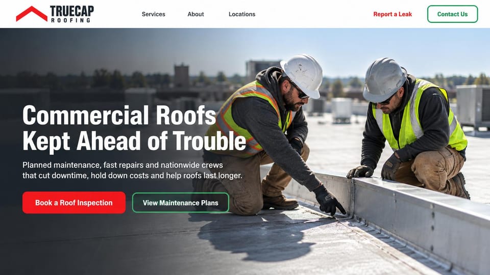 Roofing website design, commercial roof maintenance plans up front: white header with a red leak link, two workers in hard hats and safety vests at a flat roof edge, a bold white headline, red and green buttons
