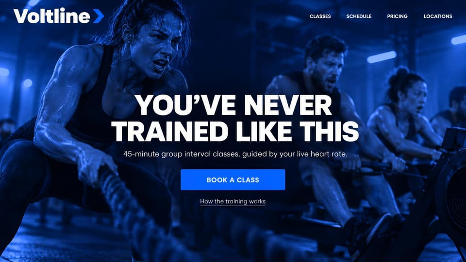 Fitness website design, interval training washed in electric blue: electric blue tint over sweaty athletes, a bold white headline and a blue button