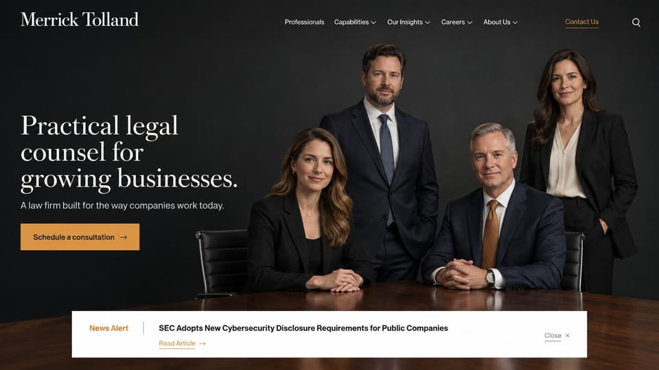 Law firm website design, business law with the partners on show: charcoal and gold, four attorneys behind a conference table and a slim news bar