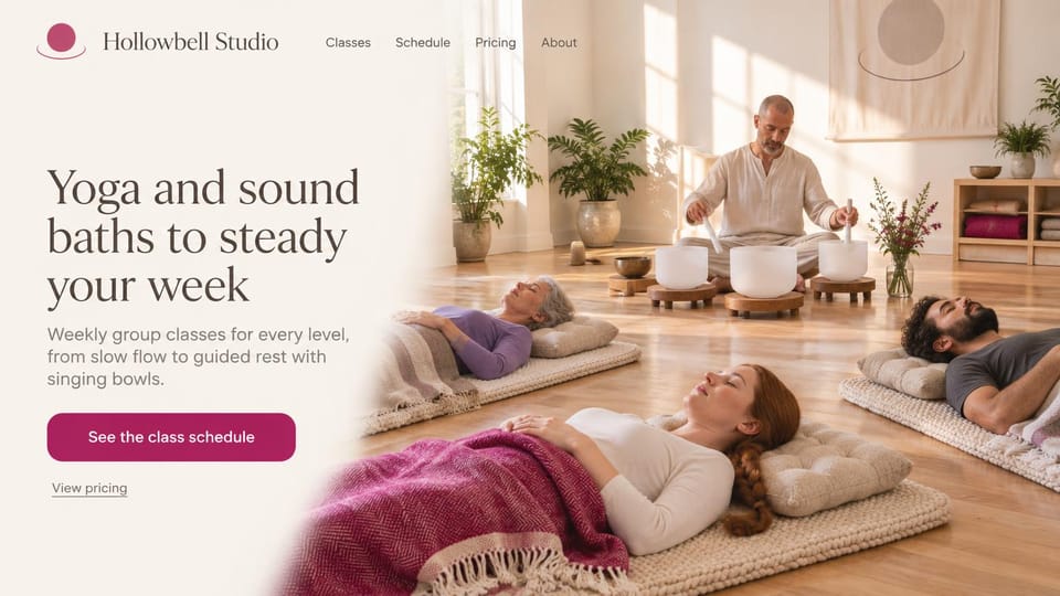 Yoga studio website design, yoga and sound baths in soft light: cream page, a dark serif headline and a magenta schedule button beside a sound bath with crystal bowls and students under blankets