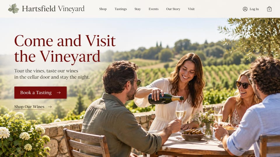 Winery and brewery website design, vineyard visits and stays in burgundy: bright photo of friends pouring sparkling wine at a stone terrace table, large burgundy serif headline and a burgundy tasting button