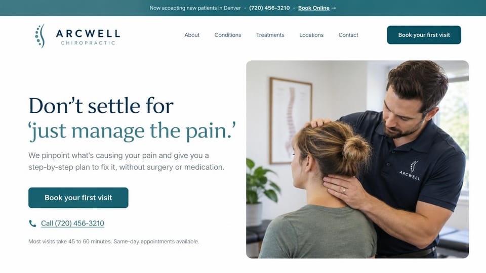 Chiropractor website design, chiropractor with a first-visit promise: white page, a navy and teal serif headline beside a chiropractor adjusting a woman's neck