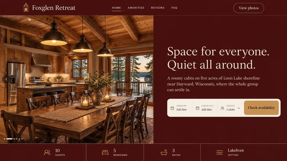 Hotel website design, lake cabin with the facts in a strip: deep burgundy panel and booking box beside a photo of a wood cabin kitchen, a strip of stay facts below