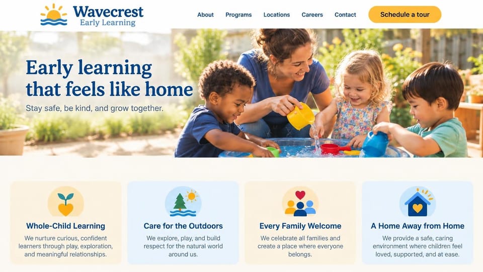 Daycare website design, childcare group with illustrated value cards: white header with a yellow pill button, a wide sunny photo of a teacher and three children pouring water at a water table, a navy serif headline, four illustrated value cards in soft yellow and blue