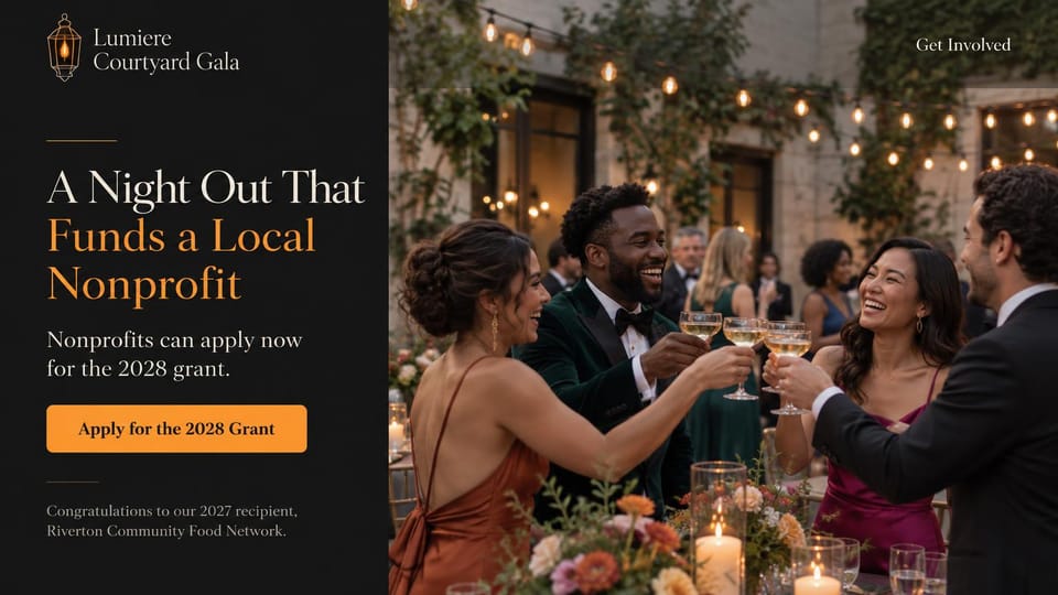 Event website design, charity gala that leads with its grant: black side panel with a cream and orange serif headline and orange button beside guests toasting at a candlelit courtyard dinner