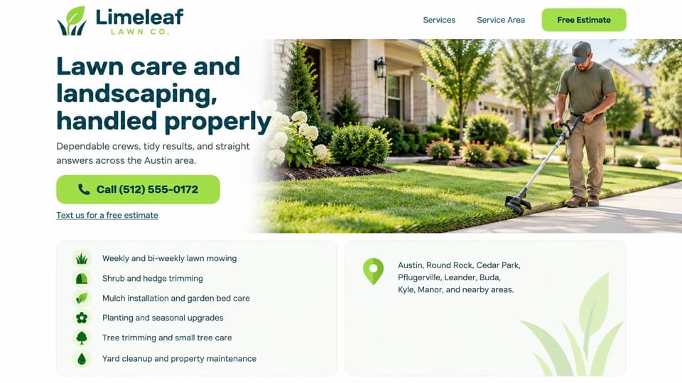 Landscaping website design, lawn care with a service list and towns covered: white page, a deep teal headline, a lime call button, a worker edging a lawn by a stone house, a service list card and a service area card