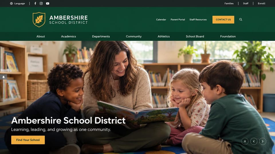School website design, school district with a story time photo and a school finder: dark green header with a gold shield, a teacher reading to three children in a library, a white headline and a gold button