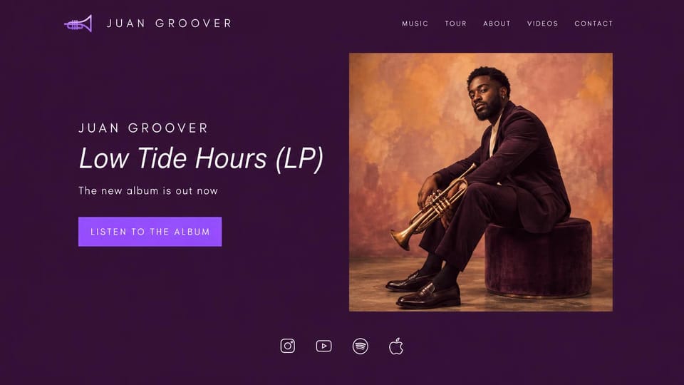 Musician website design, jazz musician in plum and violet: plum background, a trumpeter seated in a purple suit, an italic album title and a violet button