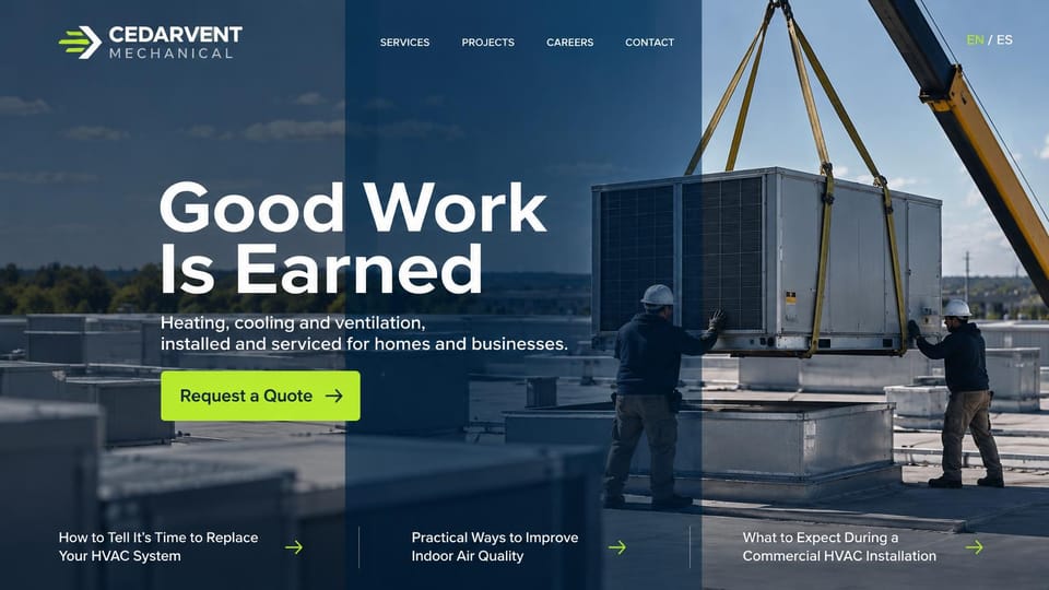 HVAC website design, rooftop installs with a crane lift: a crane lowering a rooftop unit as two workers in white hard hats guide it, under navy bands, a large white headline, a lime green quote button and three article links