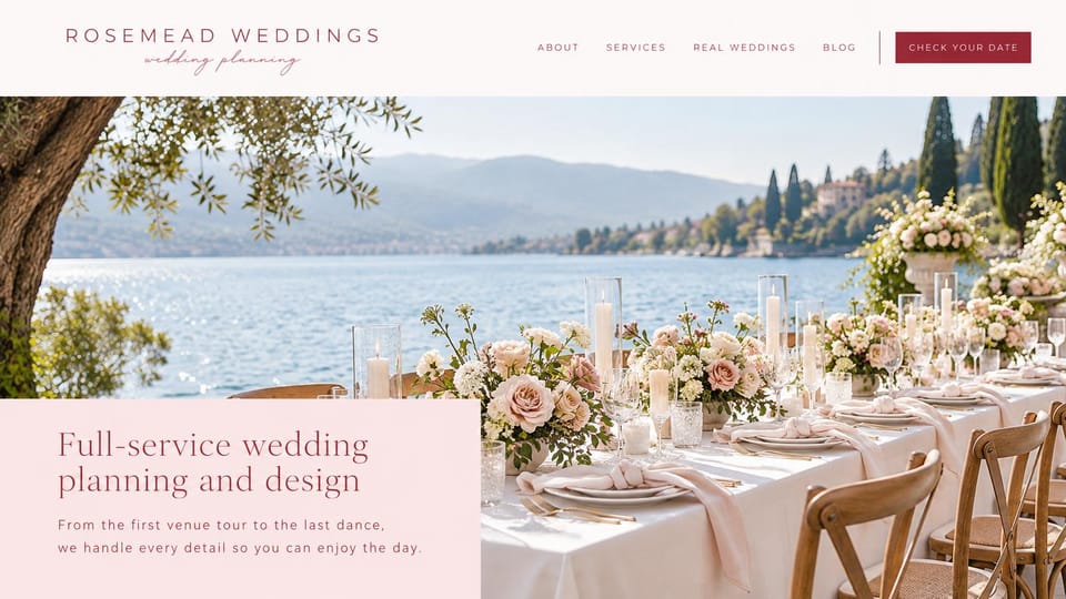 Wedding planner website design, full-service planning with a lakeside table: wide photo of a lakeside table with blush roses and candles, blush panel with a serif headline, burgundy date button
