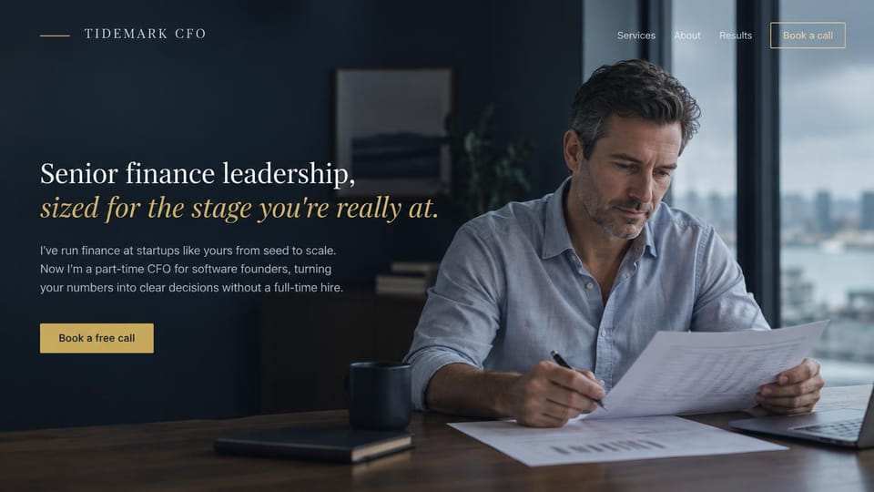 Coaching website design, part-time CFO for startups: navy page, a white serif headline with a gold italic line and a man reviewing papers at a desk