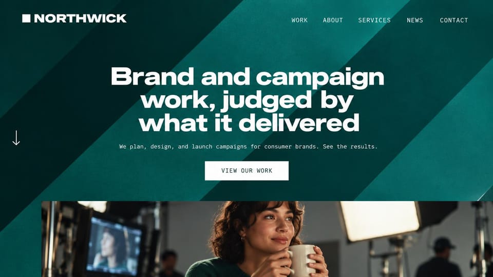 Marketing agency website design, campaign agency judged by what it delivered: deep teal page with diagonal stripes, a large white headline, a white button and a woman on a film set below