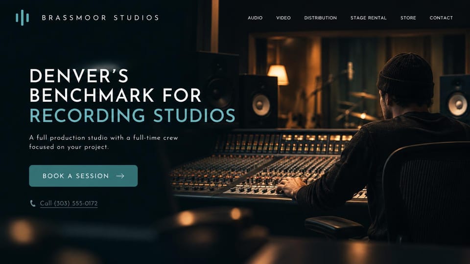 Recording studio website design, full production studio with wide teal capitals: dark photo of an engineer in a beanie at a large console seen from behind, wide-spaced white and teal capital headline, teal session button and a call link
