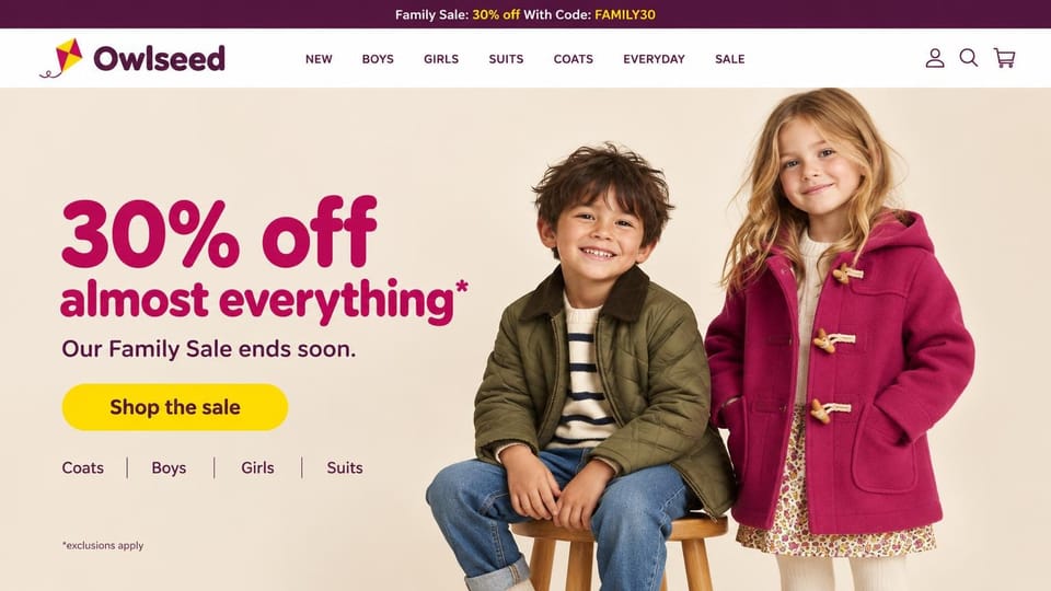 Fashion website design, kids' coats under a bold family sale headline: plum top bar, a bold navy logo, a large magenta sale headline, a yellow pill button and category links on cream beside a boy in an olive quilted jacket and a girl in a magenta duffle coat
