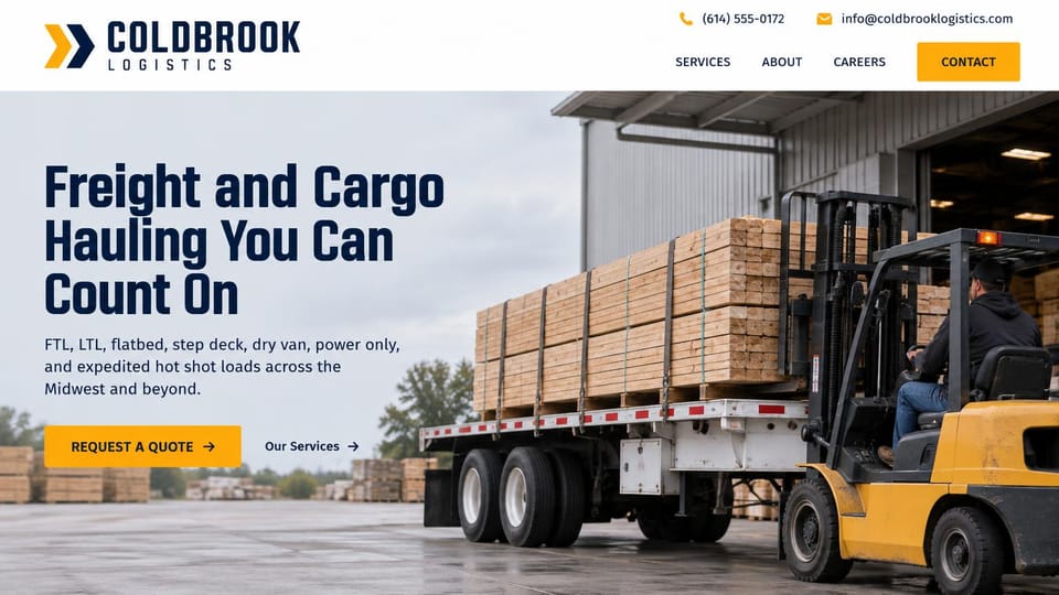 Logistics website design, flatbed and hot shot hauling with a lumber load: white page, navy condensed headline, a yellow forklift loading strapped lumber onto a flatbed trailer, yellow quote button