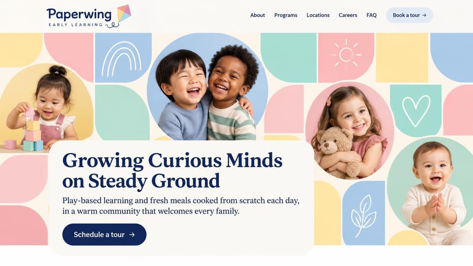 Daycare website design, childcare with a pastel tile collage: a mosaic of pastel pink, blue, yellow and mint tiles with round photos of a baby, toddlers and a girl with a teddy bear, a cream card with a navy serif headline and navy button