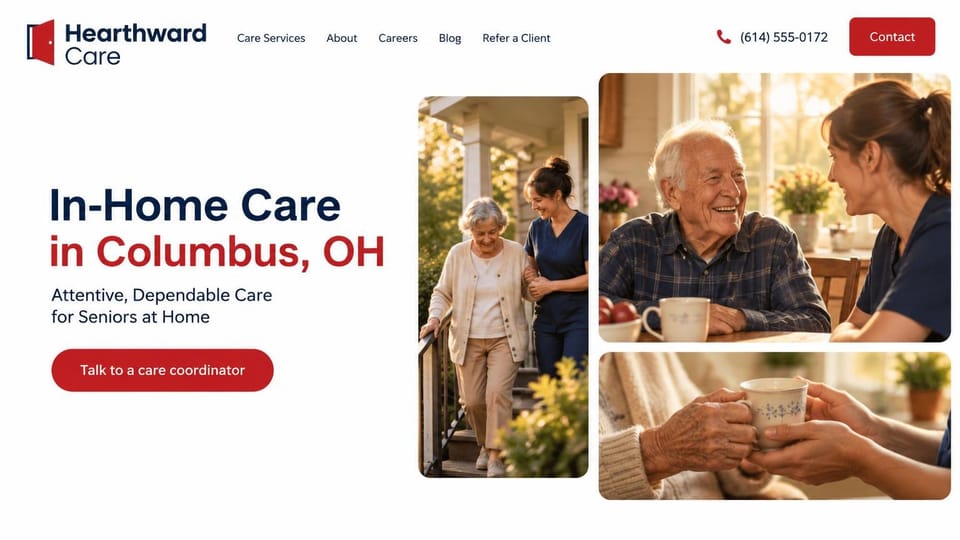 Home care website design, local in-home care with a photo collage: white page, a navy and red headline naming the city, a red button and three rounded photos of caregivers with older adults