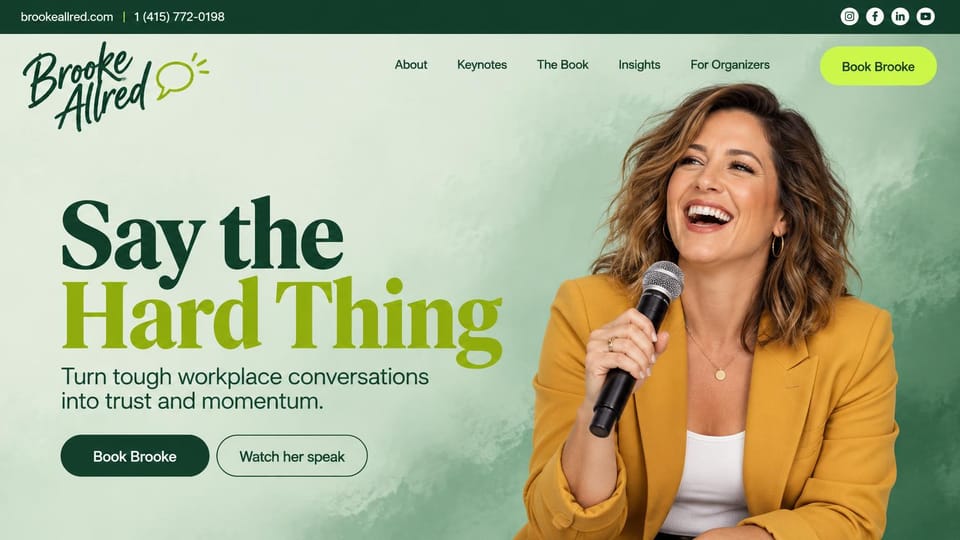 Speaker website design, workplace communication speaker in fresh green: soft green page, a laughing woman in a mustard blazer holding a microphone, huge dark and lime green serif headline, dark green button