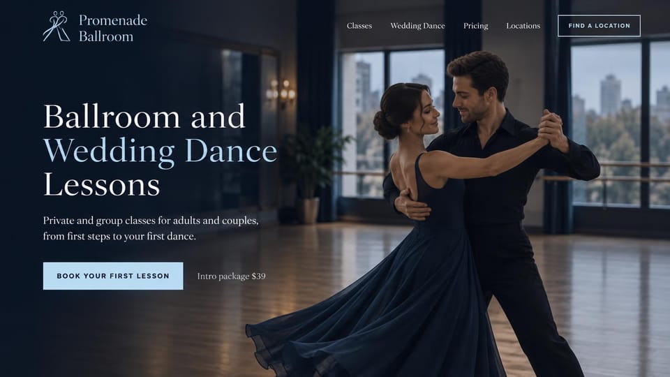 Dance studio website design, ballroom and wedding dance in navy: navy page, a couple dancing in a ballroom with tall city windows, a light serif headline, a pale blue button