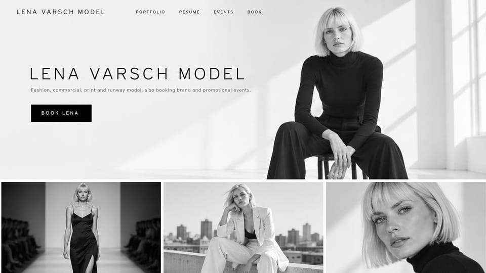 Model portfolio website design, fashion and runway model with an events page: pale gray sunlit studio, a seated blonde woman in a black turtleneck, a spaced black name, a black button and three black and white photos below