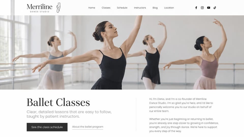 Dance studio website design, adult ballet with a welcome from the founder: white page, a wide photo of four women dancing in a bright ballet studio, a black serif heading, a dark button and a short welcome letter beside it