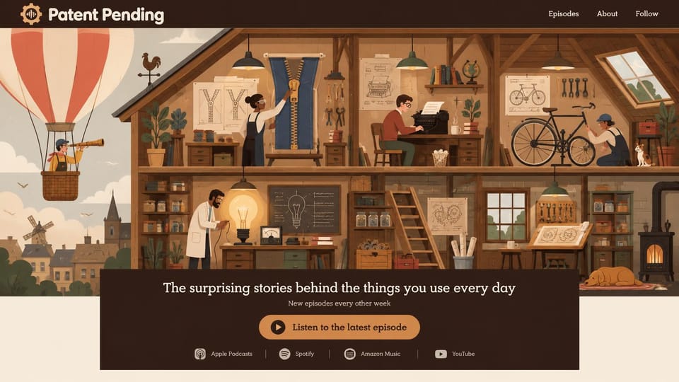 Podcast website design, inventions show with an illustrated workshop: cutaway illustration of a workshop full of inventors, a dark brown episode panel and an orange button