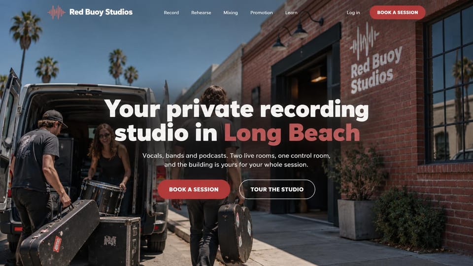 Recording studio website design, private studio for bands and podcasts: sunny street with palm trees, musicians unloading cases from a van beside a brick studio with its name painted on the wall, bold white and red headline