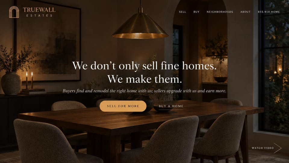 Real estate website design, buy, renovate and sell with one firm: a dark dining room under a brass pendant, a centered serif headline and a gold pill button