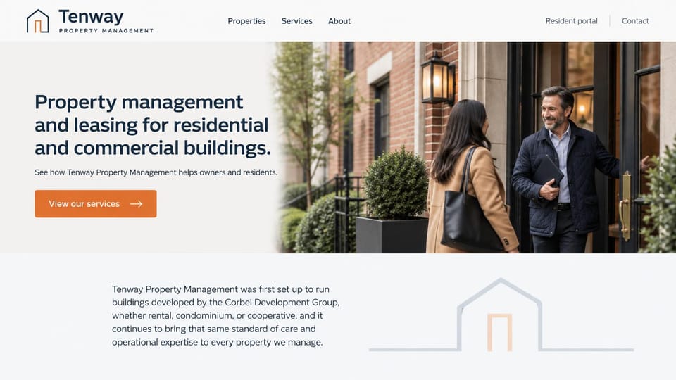 Property management website design, building management and leasing with a company story: white and pale gray page, an outlined house logo with an orange door, a navy headline, an orange services button, a manager holding a brick building door for a resident, an intro paragraph beside a faint house outline