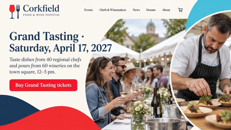 Event website design, food and wine grand tasting with a chef at work: cream page, navy serif headline, red ticket button, rounded photos of guests tasting wine at a long table and a chef plating food, navy, red and blue curves