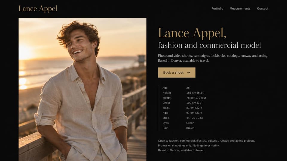 Model portfolio website design, male commercial model and actor at sunset: black page, a gold and white serif headline, a gold booking button, a smiling man in a linen shirt on a beach boardwalk